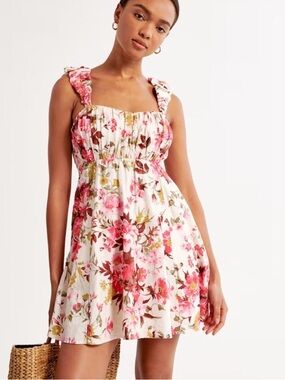 Abercrombie Linen Blend Pink and Cream Floral Ruffle-Strap Mini Dress